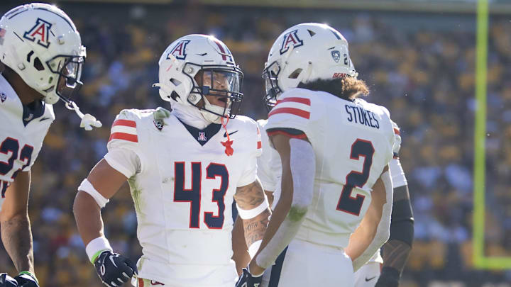 Nov 25, 2023; Tempe, Arizona, USA; Arizona Wildcats safety Dalton Johnson (43) celebrates a play with cornerback Treydan Stukes (2) against the Arizona State Sun Devils during the Territorial Cup at Mountain America Stadium. Mandatory Credit: Mark J. Rebilas-USA TODAY Sports