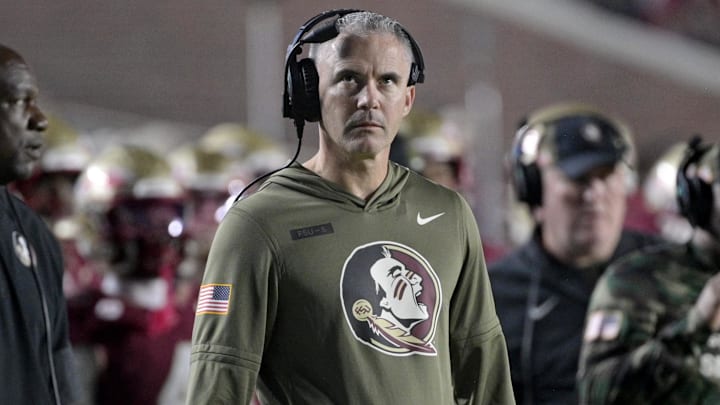 Nov 15, 2025; Tallahassee, Florida, USA; Florida State Seminoles head coach Mike Norvell during the second half against the Virginia Tech Hokies at Doak S. Campbell Stadium. Mandatory Credit: Melina Myers-Imagn Images