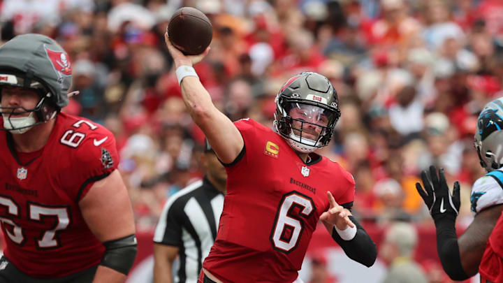 Dec 29, 2024; Tampa, Florida, USA; Tampa Bay Buccaneers quarterback Baker Mayfield (6) throws the ball against the Carolina Panthers during the second quarter at Raymond James Stadium. Mandatory Credit: Kim Klement Neitzel-Imagn Images