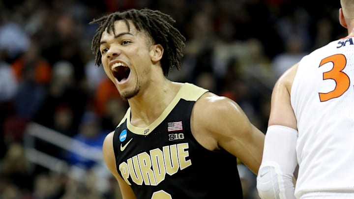 Purdue's Carsen Edwards celebrates after knocking down a three against Virginia.