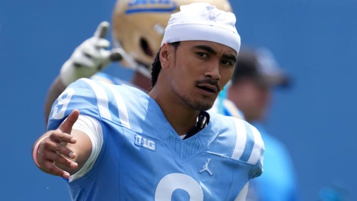 May 2, 2026; Pasadena, CA, USA; UCLA Bruins quarterback Nico Iamaleava (9) reacts during the spring game at Rose Bowl. Mandatory Credit: Kirby Lee-Imagn Images