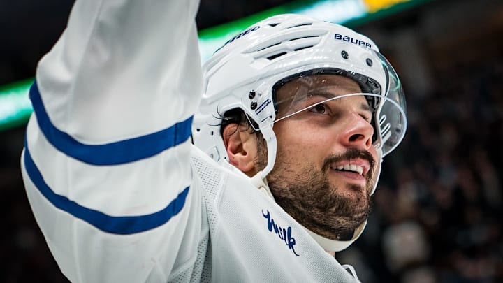 Jan 31, 2026; Vancouver, British Columbia, CAN; Toronto Maple Leafs forward Auston Matthews (34) celebrates his game winning shootout goal against the Vancouver Canucks at Rogers Arena. Mandatory Credit: Bob Frid-Imagn Images