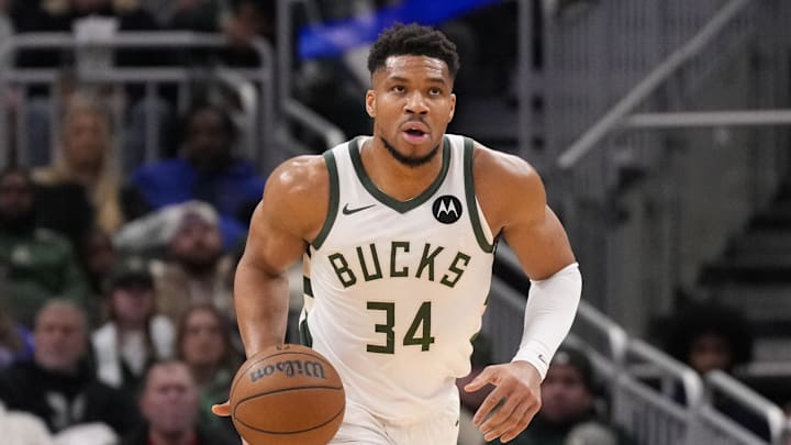 Dec 31, 2025; Milwaukee, Wisconsin, USA;  Milwaukee Bucks forward Giannis Antetokounmpo (34) during the game against the Washington Wizards at Fiserv Forum. Mandatory Credit: Jeff Hanisch-Imagn Images