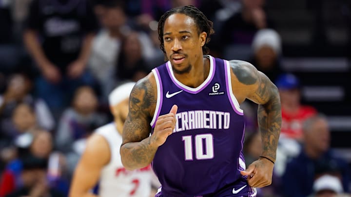 Dec 23, 2025; Sacramento, California, USA; Sacramento Kings guard Demar Derozan (10) runs up the court during the first quarter against the Detroit Pistons at Golden 1 Center. Mandatory Credit: Sergio Estrada-Imagn Images
