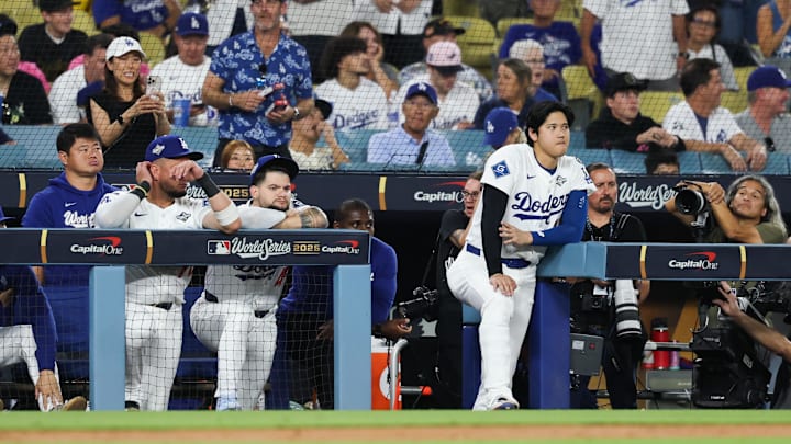 Oct 29, 2025; Los Angeles, California, USA; Los Angeles Dodgers two-way player Shohei Ohtani (17) looks on after the game against the Toronto Blue Jays during game five of the 2025 MLB World Series at Dodger Stadium. Mandatory Credit: Kiyoshi Mio-Imagn Images Oct 29, 2025; Los Angeles, California, USA; Los Angeles Dodgers two-way player Shohei Ohtani (17) looks on after the game against the Toronto Blue Jays during game five of the 2025 MLB World Series at Dodger Stadium. Mandatory Credit: Kiyoshi Mio-Imagn Images