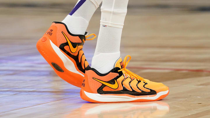 Jan 31, 2025; San Francisco, California, USA; A detail view of the shoes worn by Phoenix Suns forward Kevin Durant (35) before the start of the game against the Golden State Warriors at the Chase Center. Jan 31, 2025; San Francisco, California, USA; A detail view of the shoes worn by Phoenix Suns forward Kevin Durant (35) before the start of the game against the Golden State Warriors at the Chase Center.