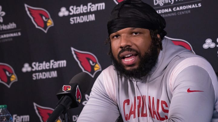 Linebacker Kyzir White speaks to the media during a news conference at the Arizona Cardinals Dignity Health Training Center on April 15, 2024, in Tempe. Linebacker Kyzir White speaks to the media during a news conference at the Arizona Cardinals Dignity Health Training Center on April 15, 2024, in Tempe.