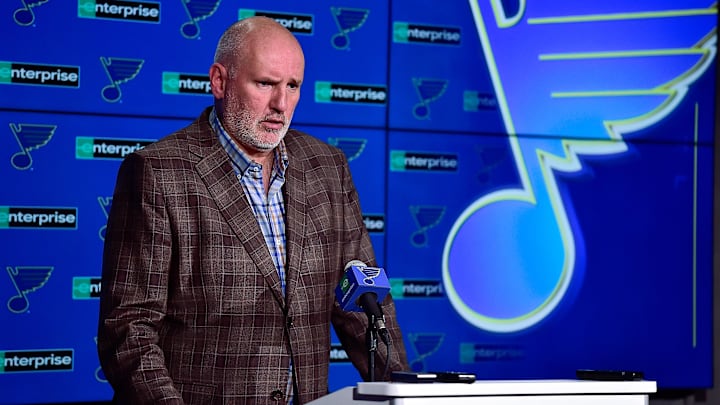 Feb 18, 2020; St. Louis, Missouri, USA;  St. Louis Blues general manager Doug Armstrong talks with the media about the acquisition of defenseman Marco Scandella from the Montreal Canadians prior to a game against the New Jersey Devils at Enterprise Center. Mandatory Credit: Jeff Curry-Imagn Images