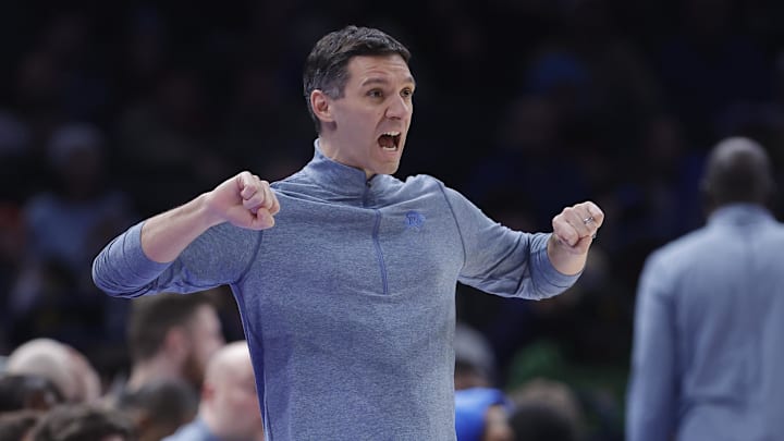 Jan 25, 2026; Oklahoma City, Oklahoma, USA; Oklahoma City Thunder Head Coach Mark Daigneault yells to his team during a play against the Toronto Raptors during the second half at Paycom Center. Jan 25, 2026; Oklahoma City, Oklahoma, USA; Oklahoma City Thunder Head Coach Mark Daigneault yells to his team during a play against the Toronto Raptors during the second half at Paycom Center.