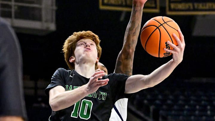 Dec 11, 2024; South Bend, Indiana, USA; Dartmouth Big Green guard Ryan Cornish (10) goes up for a shot in the second half against the Notre Dame Fighting Irish at the Purcell Pavilion. Mandatory Credit: Matt Cashore-Imagn Images