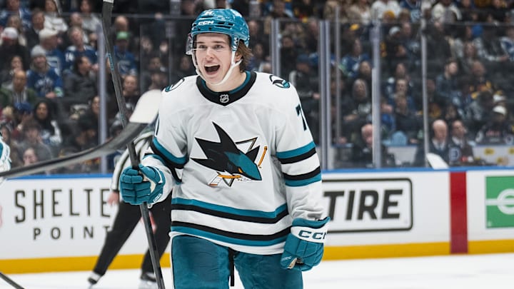 Dec 27, 2025; Vancouver, British Columbia, CAN; San Jose Sharks forward Macklin Celebrini (71) celebrates his goal against the Vancouver Canucks in the third period at Rogers Arena. Mandatory Credit: Bob Frid-Imagn Images