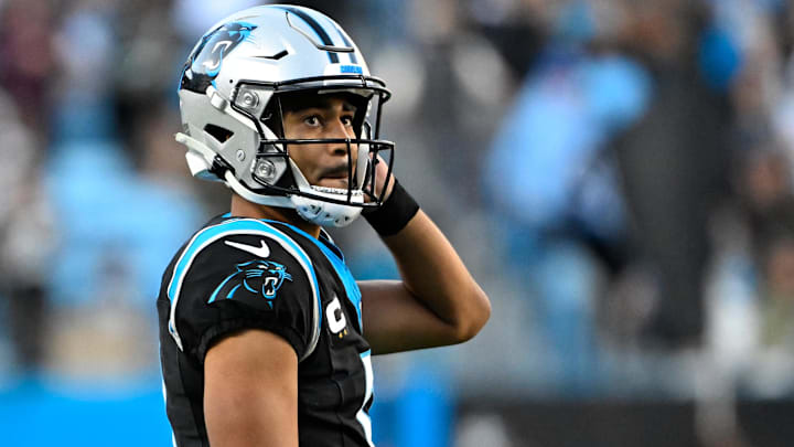 Nov 3, 2024; Charlotte, North Carolina, USA; Carolina Panthers quarterback Bryce Young (9) on the field in the fourth quarter at Bank of America Stadium. Mandatory Credit: Bob Donnan-Imagn Images