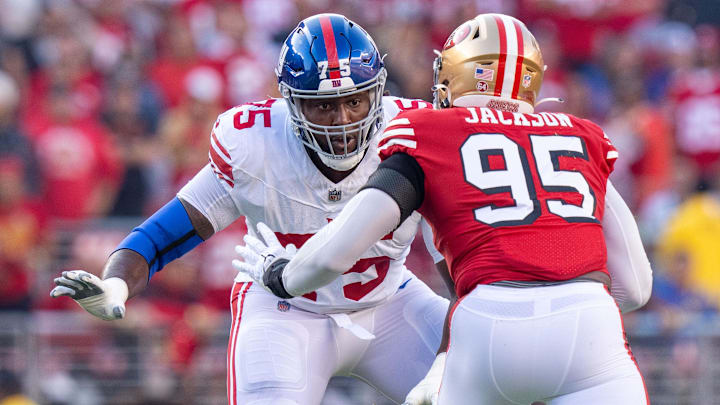 September 21, 2023; Santa Clara, California, USA; New York Giants guard Joshua Ezeudu (75) blocks San Francisco 49ers defensive end Drake Jackson (95) during the first quarter at Levi's Stadium.  