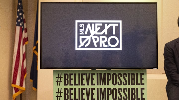 Dec 6, 2021; Rochester, NY, USA; General view of the MLS Next Pro Logo during the press conference