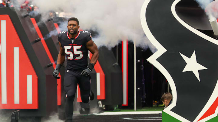 Nov 9, 2025; Houston, Texas, USA; Houston Texans defensive end Danielle Hunter (55) is introduced  before playing against the Jacksonville Jaguars at NRG Stadium. Mandatory Credit: Thomas Shea-Imagn Images