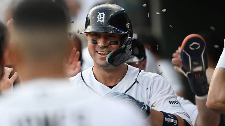 Detroit Tigers first baseman Spencer Torkelson (20) celebrates in the dugout. Detroit Tigers first baseman Spencer Torkelson (20) celebrates in the dugout.
