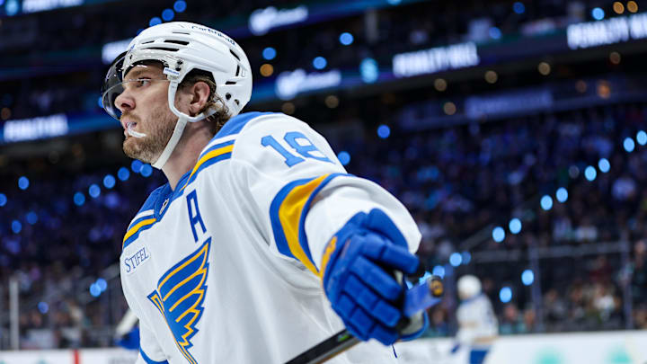 Mar 4, 2026; Seattle, Washington, USA; St. Louis Blues center Robert Thomas (18) looks on in first period against the Seattle Kraken at Climate Pledge Arena. Mandatory Credit: Kevin Ng-Imagn Images
