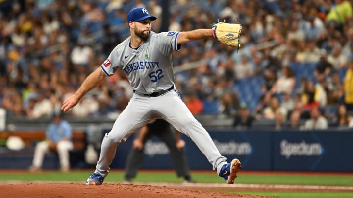 May 26, 2024; St. Petersburg, Florida, USA; Kansas City Royals starting pitcher Michael Wacha (52) throws a pitch in the second inning against the Tampa Bay Rays at Tropicana Field. Mandatory Credit: Jonathan Dyer-USA TODAY Sports May 26, 2024; St. Petersburg, Florida, USA; Kansas City Royals starting pitcher Michael Wacha (52) throws a pitch in the second inning against the Tampa Bay Rays at Tropicana Field. Mandatory Credit: Jonathan Dyer-USA TODAY Sports