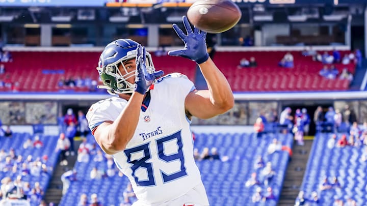 Oct 20, 2024; Orchard Park, New York, USA; Tennessee Titans tight end Thomas Odukoya (89) warms up prior to the game against the Buffalo Bills at Highmark Stadium. Mandatory Credit: Gregory Fisher-Imagn Images