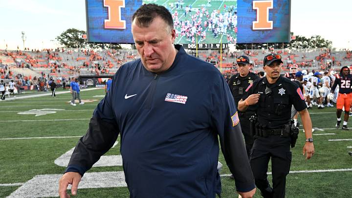 Sep 12, 2026; Champaign, Illinois, USA; Illinois Fighting Illini head coach Bret Bielema walks off the field after a 31-27 loss to the Duke Blue Devils at Gies Memorial Stadium. Mandatory Credit: Ron Johnson-Imagn Images Sep 12, 2026; Champaign, Illinois, USA; Illinois Fighting Illini head coach Bret Bielema walks off the field after a 31-27 loss to the Duke Blue Devils at Gies Memorial Stadium. Mandatory Credit: Ron Johnson-Imagn Images