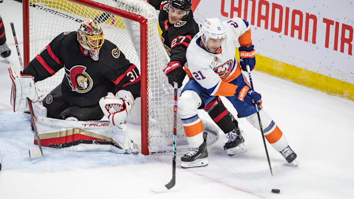 Jan 25, 2023; Ottawa, Ontario, CAN; New York Islanders center Kyle Palmieri (21) skates with the