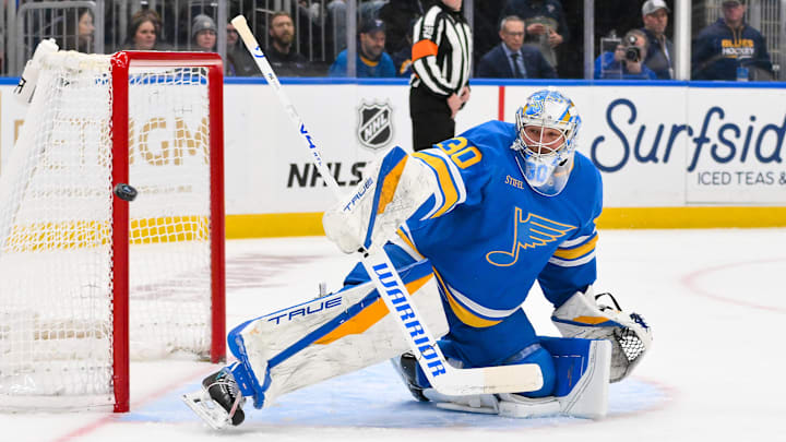 Jan 24, 2026; St. Louis, Missouri, USA; St. Louis Blues goaltender Joel Hofer (30) defends the net against the Los Angeles Kings during the first period at Enterprise Center. Mandatory Credit: Jeff Curry-Imagn Images Jan 24, 2026; St. Louis, Missouri, USA; St. Louis Blues goaltender Joel Hofer (30) defends the net against the Los Angeles Kings during the first period at Enterprise Center. Mandatory Credit: Jeff Curry-Imagn Images