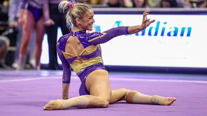 Jan. 17, 2025: Livvy Dunne of the LSU Tigers competes against the Florida Gators. Jan. 17, 2025: Livvy Dunne of the LSU Tigers competes against the Florida Gators.