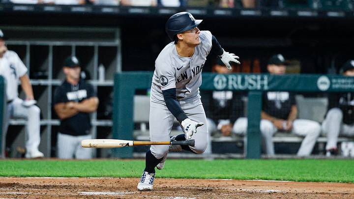 New York Yankees shortstop Anthony Volpe (11) hits an RBI-ground out against the Chicago White Sox during the fourth inning at Rate Field. New York Yankees shortstop Anthony Volpe (11) hits an RBI-ground out against the Chicago White Sox during the fourth inning at Rate Field.