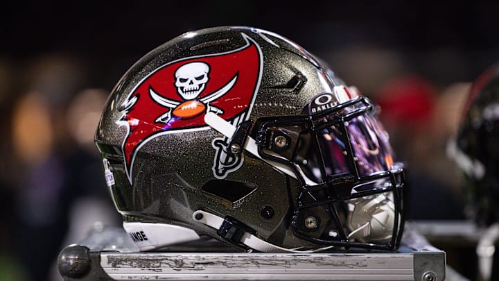 Detailed view of the Tampa Bay Buccaneers helmet against the New Orleans Saints.