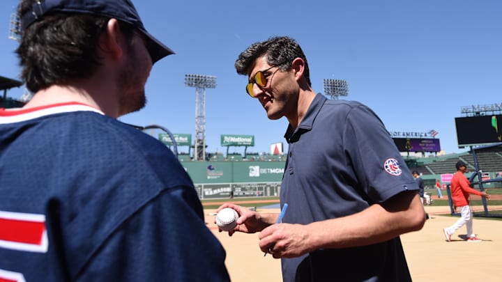 May 13, 2023; Boston, Massachusetts, USA; Boston Red Sox chief baseball officer Chaim Bloom signs an autograph prior to a game against the against the St. Louis Cardinals at Fenway Park. Mandatory Credit: Bob DeChiara-Imagn Images May 13, 2023; Boston, Massachusetts, USA; Boston Red Sox chief baseball officer Chaim Bloom signs an autograph prior to a game against the against the St. Louis Cardinals at Fenway Park. Mandatory Credit: Bob DeChiara-Imagn Images
