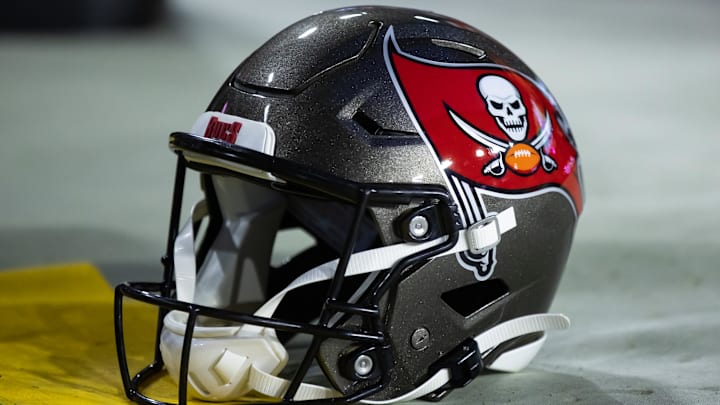 Dec 25, 2022; Glendale, Arizona, USA; Detailed view of a Tampa Bay Buccaneers helmet at State Farm Stadium. Mandatory Credit: Mark J. Rebilas-Imagn Images