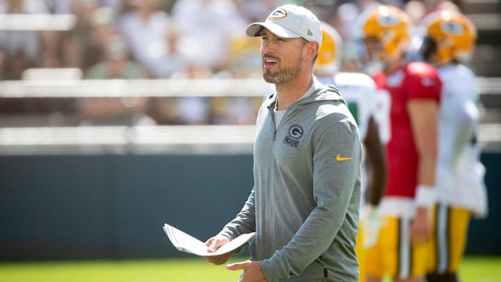 Green Bay Packers head coach Matt LaFleur speaks to his players at training camp on Tuesday, Aug. 16, 2022, at Ray Nitschke Field in Ashwaubenon, Wis. Samantha Madar/USA TODAY NETWORK-Wisconsin

Gpg Joint Practice Tuesday 08162022 0018