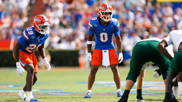 Sep 6, 2025; Gainesville, Florida, USA; Florida Gators linebacker Jaden Robinson (29) and Florida Gators defensive back Sharif Denson (0) wait for the snap against the South Florida Bulls during the first half at Ben Hill Griffin Stadium. Mandatory Credit: Matt Pendleton-Imagn Images