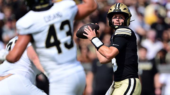 Sep 12, 2026; West Lafayette, Indiana, USA; Purdue Boilermakers quarterback Ryan Browne (15) looks for an open receiver. Sep 12, 2026; West Lafayette, Indiana, USA; Purdue Boilermakers quarterback Ryan Browne (15) looks for an open receiver.