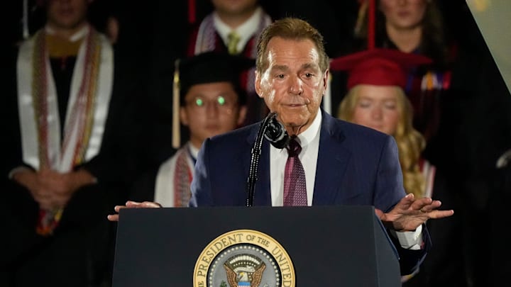 May 1, 2025; Tuscaloosa, AL, USA; Legendary Alabama football coach Nick Saban introduces President Donald Trump. Trump delivered a special commencement address to University of Alabama graduates at Coleman Coliseum. Graduation occurs over the weekend. Mandatory Credit: Gary Cosby Jr.-Tuscaloosa News