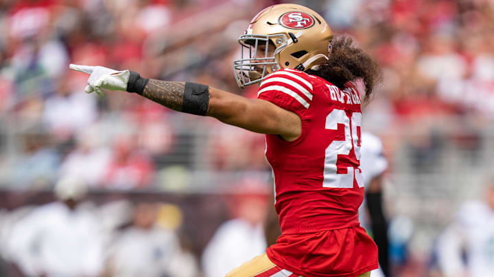 September 18, 2022; Santa Clara, California, USA; San Francisco 49ers safety Talanoa Hufanga (29) during the second quarter against the Seattle Seahawks at Levi's Stadium. September 18, 2022; Santa Clara, California, USA; San Francisco 49ers safety Talanoa Hufanga (29) during the second quarter against the Seattle Seahawks at Levi's Stadium.