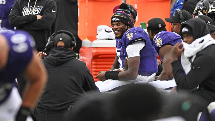 Oct 4, 2026; Baltimore, Maryland, USA;  Baltimore Ravens quarterback Lamar Jackson (8) sits on the bench after being removed from the game due to a possible injury during the third quarter against the Tennessee Titans at M&T Bank Stadium.  Mandatory Credit: Tommy Gilligan-Imagn Images