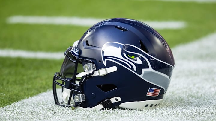 Dec 8, 2024; Glendale, Arizona, USA; Detailed view of a Seattle Seahawks helmet at State Farm Stadium. Mandatory Credit: Mark J. Rebilas-Imagn Images