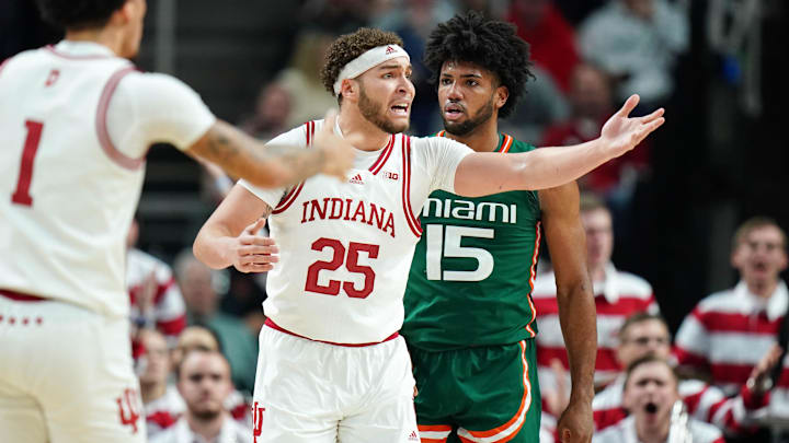Indiana Hoosiers forward Race Thompson (25) reacts after a play against the Miami (Fl) Hurricanes during the second half at MVP Arena. Indiana Hoosiers forward Race Thompson (25) reacts after a play against the Miami (Fl) Hurricanes during the second half at MVP Arena.