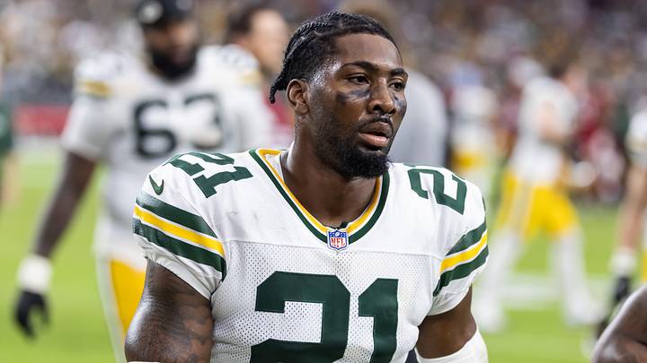 Oct 19, 2025; Glendale, Arizona, USA; Green Bay Packers cornerback Nate Hobbs (21) against the Arizona Cardinals at State Farm Stadium. Mandatory Credit: Mark J. Rebilas-Imagn Images