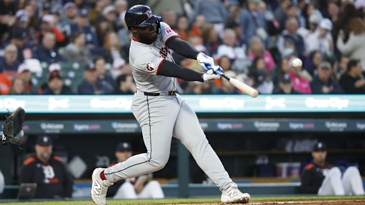 May 24, 2025; Detroit, Michigan, USA; Cleveland Guardians outfielder Jhonkensy Noel (43) hits during an at bat in the fifth inning against the Detroit Tigers at Comerica Park. Mandatory Credit: Brian Bradshaw Sevald-Imagn Images May 24, 2025; Detroit, Michigan, USA; Cleveland Guardians outfielder Jhonkensy Noel (43) hits during an at bat in the fifth inning against the Detroit Tigers at Comerica Park. Mandatory Credit: Brian Bradshaw Sevald-Imagn Images