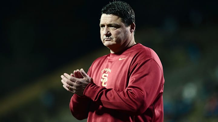 Nov 23, 2013; Boulder, CO, USA; Southern California Trojans interim head coach Ed Orgeron before the game against the Colorado Buffaloes at Folsom Field. The Trojans defeated the Buffaloes 47-29. Mandatory Credit: Ron Chenoy-Imagn Images