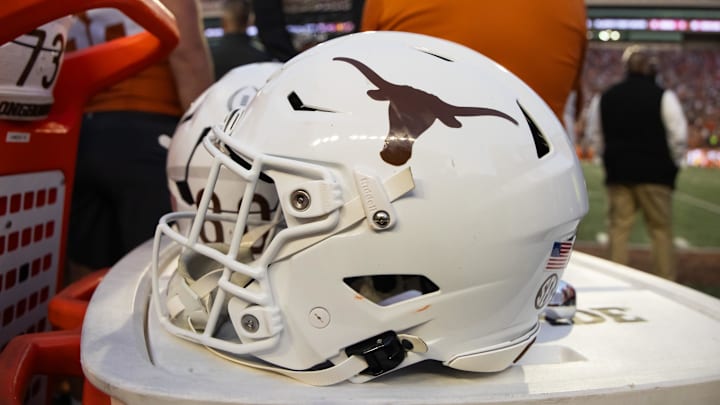 Texas Longhorns helmet during the CFP National playoff first round at Darrell K Royal-Texas Memorial Stadium. Texas Longhorns helmet during the CFP National playoff first round at Darrell K Royal-Texas Memorial Stadium.