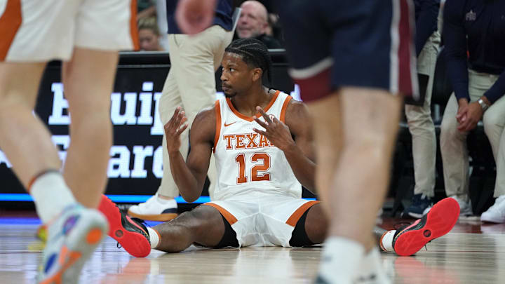 Texas Longhorns guard Tramon Mark (12) celebrates a three point basket during the first half against Fairleigh Dickinson at Moody Center. Texas Longhorns guard Tramon Mark (12) celebrates a three point basket during the first half against Fairleigh Dickinson at Moody Center.