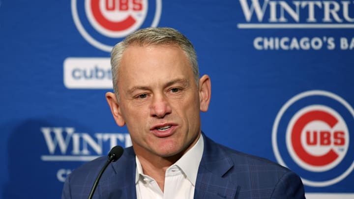 Jan 12, 2024; Chicago, IL, USA; Chicago Cubs president of baseball operations Jed Hoyer talks to the media after introducing pitcher Shota Imanaga (not pictured) during a press conference at Loews Chicago Hotel. Jan 12, 2024; Chicago, IL, USA; Chicago Cubs president of baseball operations Jed Hoyer talks to the media after introducing pitcher Shota Imanaga (not pictured) during a press conference at Loews Chicago Hotel.