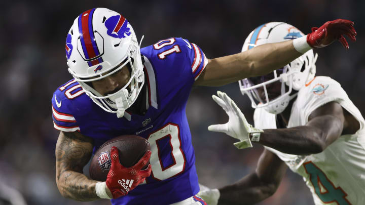 Jan 7, 2024; Miami Gardens, Florida, USA; Buffalo Bills wide receiver Khalil Shakir (10) catches the football against Miami Dolphins cornerback Kader Kohou (4) during the fourth quarter at Hard Rock Stadium. Mandatory Credit: Sam Navarro-USA TODAY Sports Jan 7, 2024; Miami Gardens, Florida, USA; Buffalo Bills wide receiver Khalil Shakir (10) catches the football against Miami Dolphins cornerback Kader Kohou (4) during the fourth quarter at Hard Rock Stadium. Mandatory Credit: Sam Navarro-USA TODAY Sports