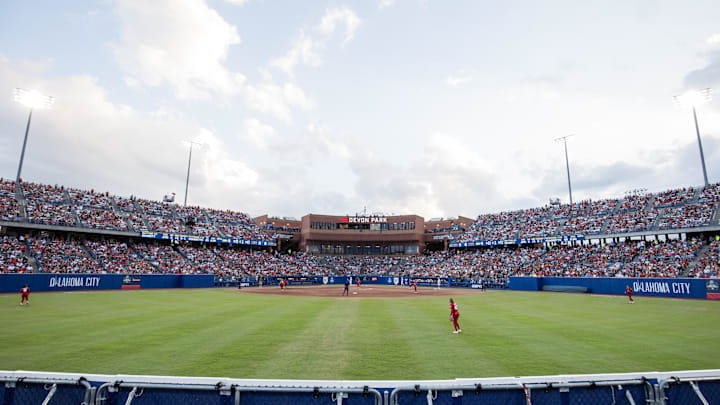 Jun 6, 2025; Oklahoma City, OK, USA;  The Texas Longhorns and the Texas Tech Red Raiders play game three of the NCAA Softball Women's College World Series finals at Devon Park. Mandatory Credit: Brett Rojo-Imagn Images
