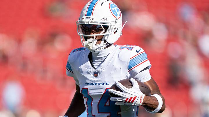 August 13, 2026; Santa Clara, California, USA; Tennessee Titans wide receiver Carnell Tate (14) warms up before the game against the San Francisco 49ers at Levi's Stadium. Mandatory Credit: Kyle Terada-Imagn Images August 13, 2026; Santa Clara, California, USA; Tennessee Titans wide receiver Carnell Tate (14) warms up before the game against the San Francisco 49ers at Levi's Stadium. Mandatory Credit: Kyle Terada-Imagn Images