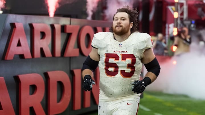 Sep 25, 2025; Glendale, Arizona, USA; Arizona Cardinals offensive lineman Evan Brown (63) against the Seattle Seahawks at State Farm Stadium. Mandatory Credit: Mark J. Rebilas-Imagn Images Sep 25, 2025; Glendale, Arizona, USA; Arizona Cardinals offensive lineman Evan Brown (63) against the Seattle Seahawks at State Farm Stadium. Mandatory Credit: Mark J. Rebilas-Imagn Images