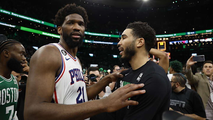 May 14, 2023; Boston, Massachusetts, USA; Boston Celtics forward Jayson Tatum (0) (right) talks with